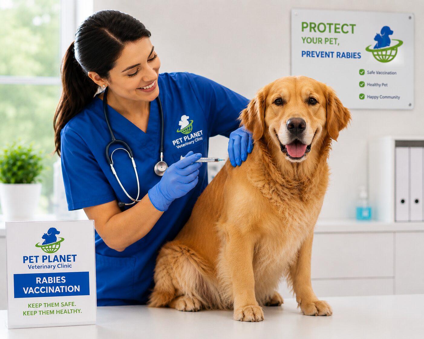 Veterinarian at Pet Planet Veterinary Clinic administering a rabies vaccination to a golden retriever dog in JVC Dubai