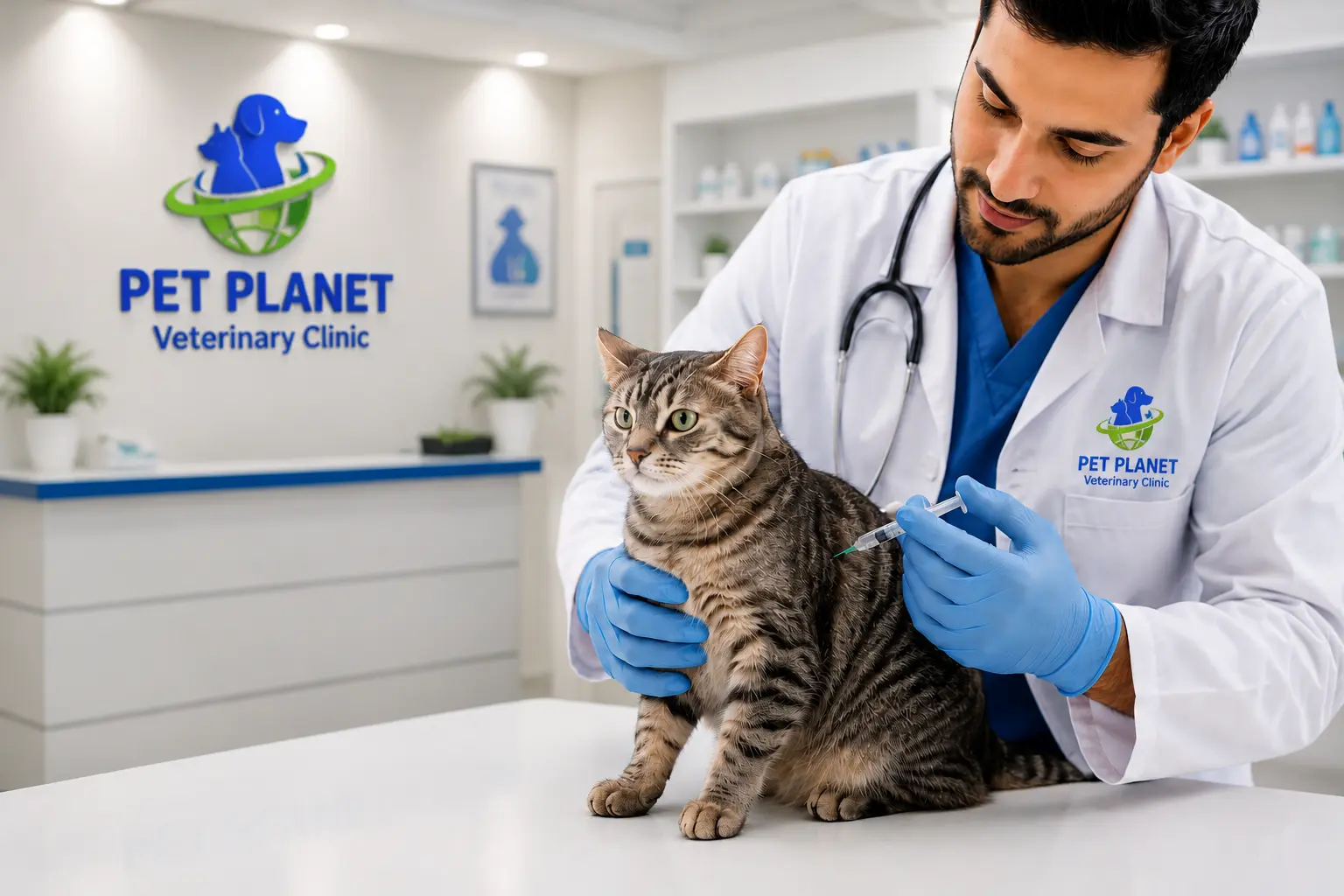 Veterinarian gently examining a cat before an FVRCP vaccination at Pet Planet Veterinary Clinic in JVC Dubai
