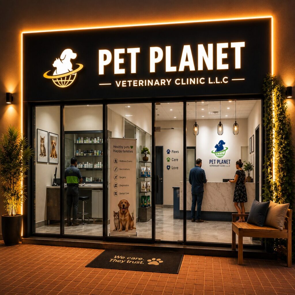 Pet Planet Veterinary Clinic storefront at BinGhatti Emerald Building in JVC Dubai
