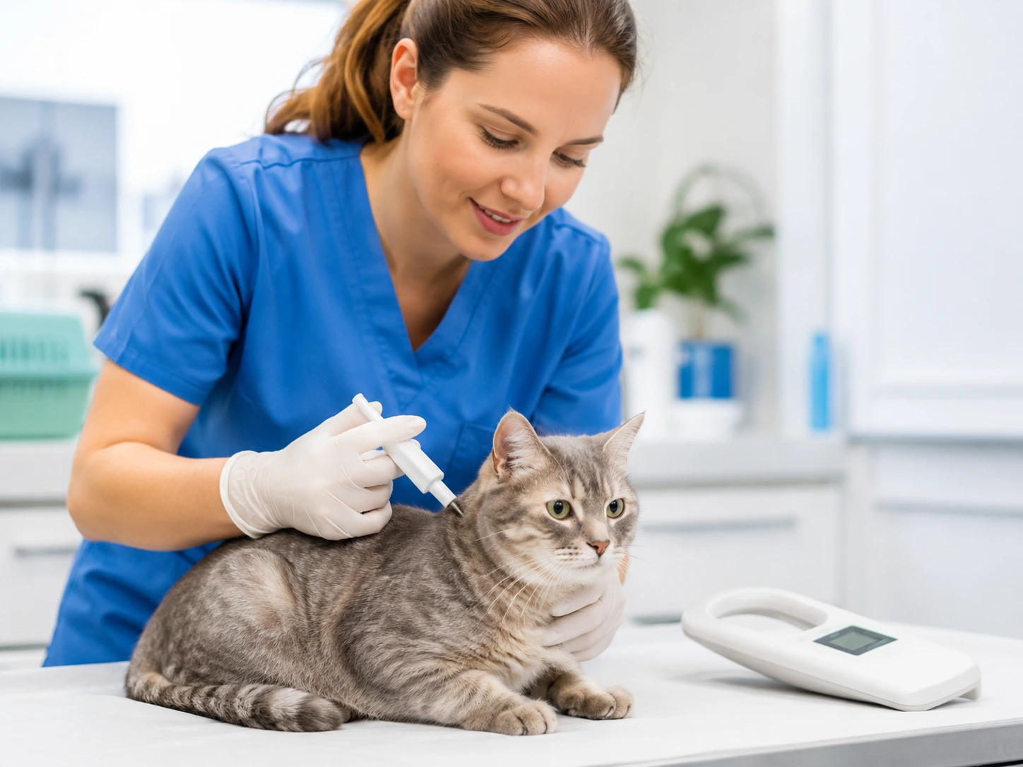 Veterinarian microchipping a cat at Pet Planet Veterinary Clinic in JVC Dubai