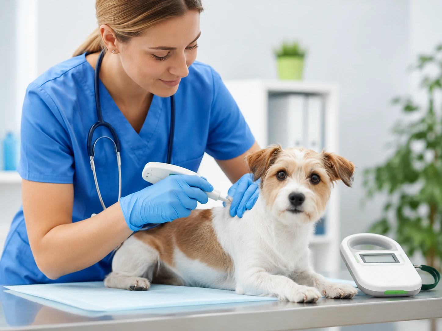 Veterinarian microchipping a dog at Pet Planet Veterinary Clinic in JVC Dubai