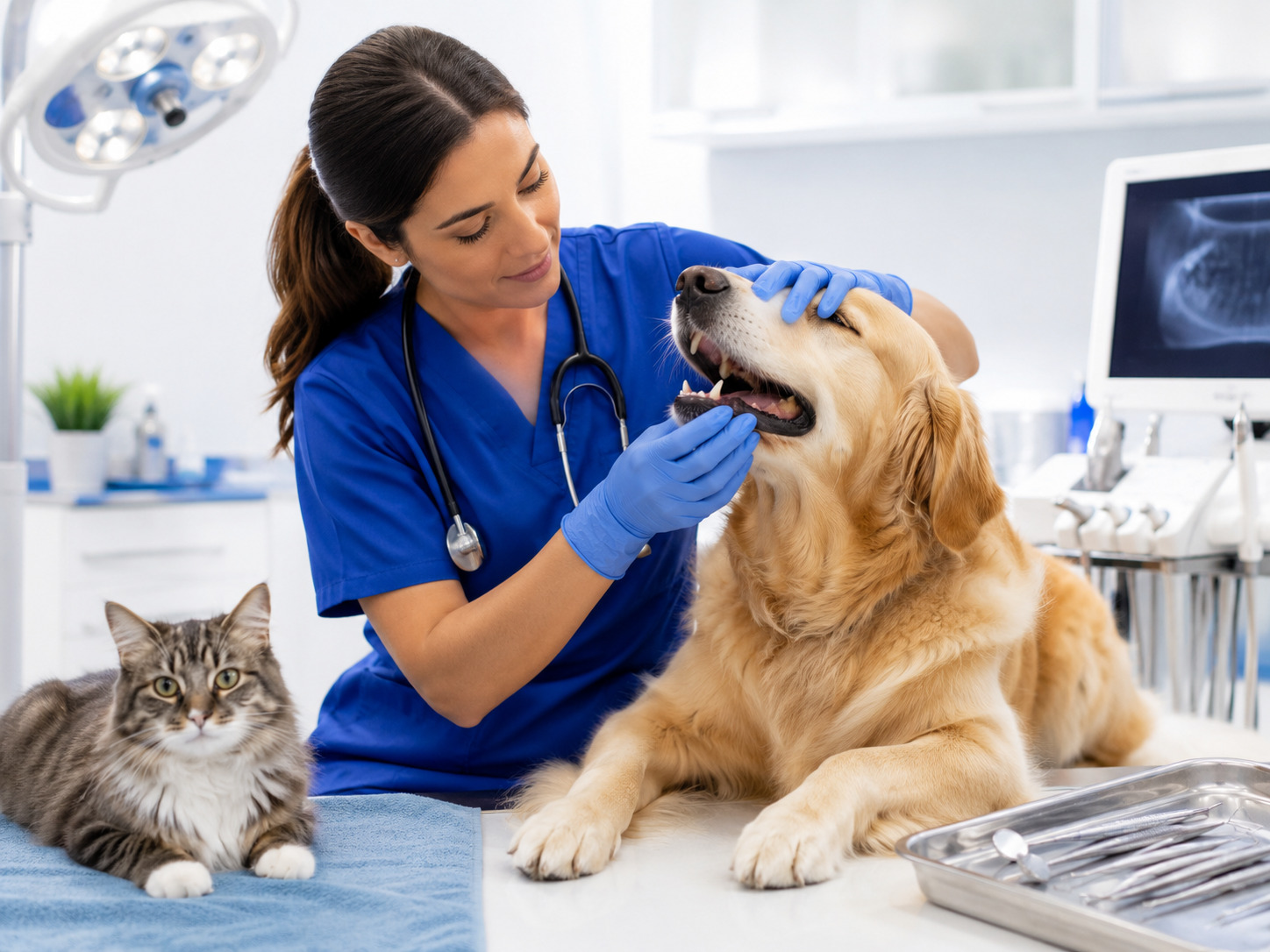 Veterinarian performing a dental examination on a dog at Pet Planet Veterinary Clinic in JVC Dubai