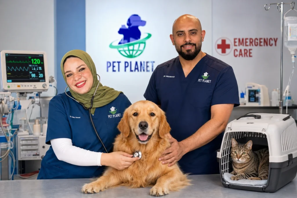 Pet Planet veterinary team providing emergency pet care for a dog and cat in JVC Dubai
