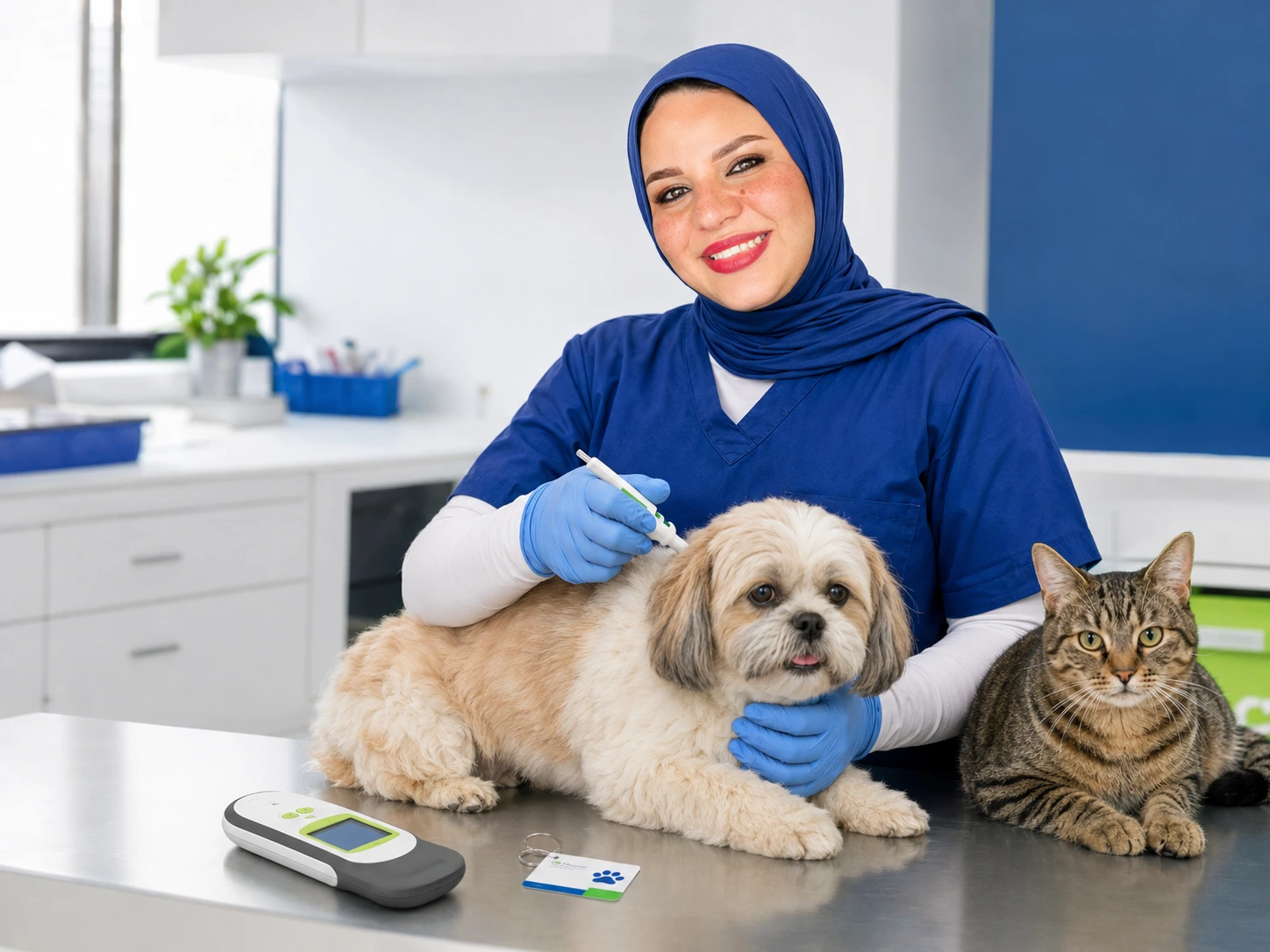 Pet Planet veterinarian microchipping a dog with a cat at the clinic in JVC Dubai