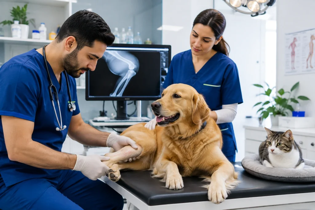 Veterinarian examining a dog's joint with orthopedic X-ray imaging in JVC Dubai
