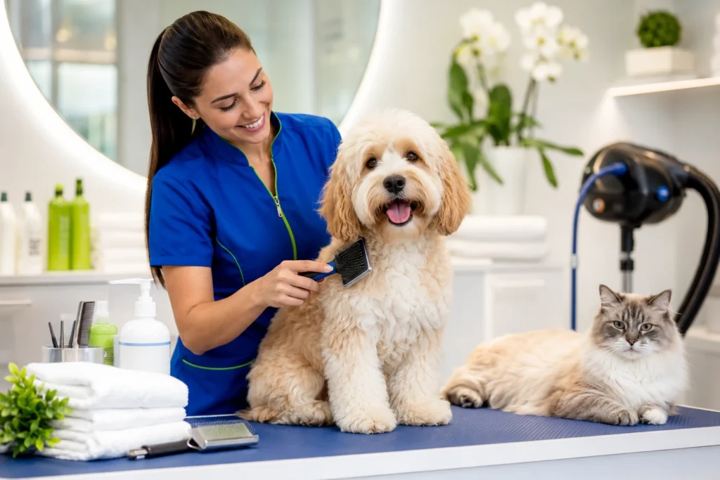 Professional pet spa and grooming for dogs and cats at Pet Planet Veterinary Clinic in JVC Dubai