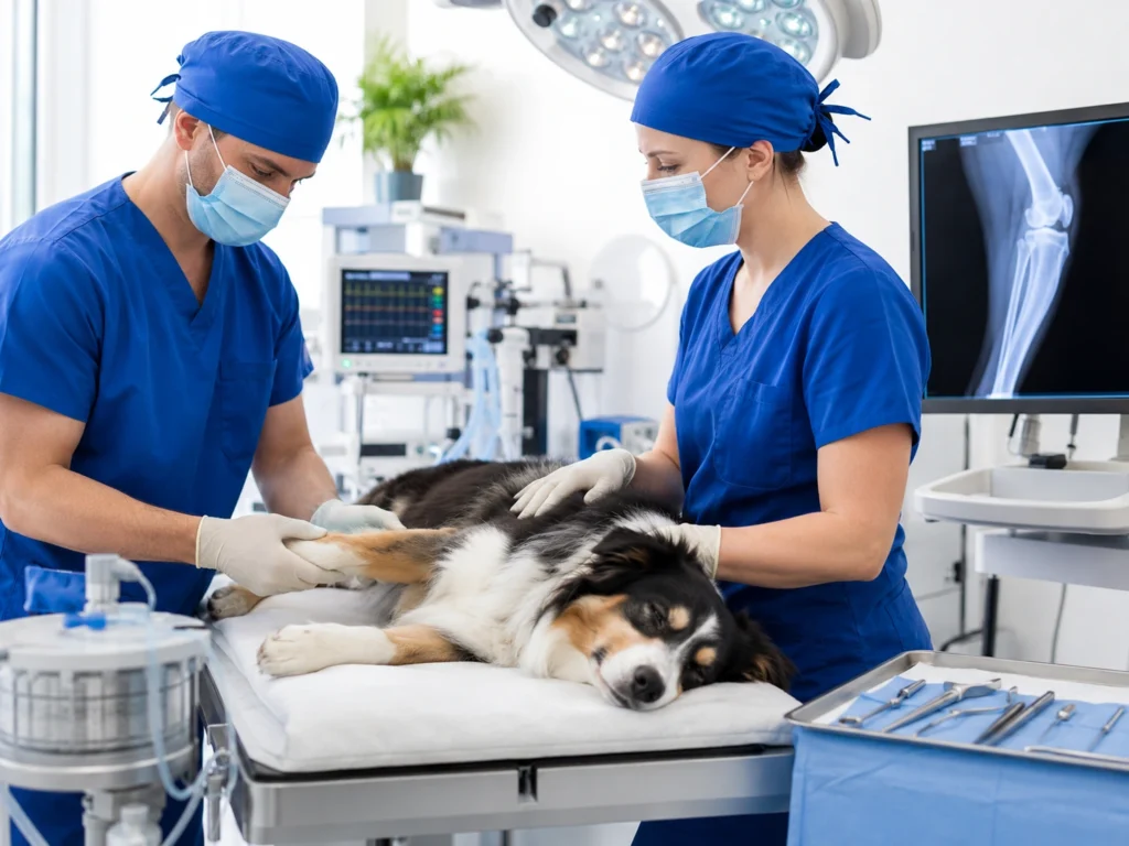 Veterinary team preparing a dog for advanced orthopedic surgical care in JVC Dubai