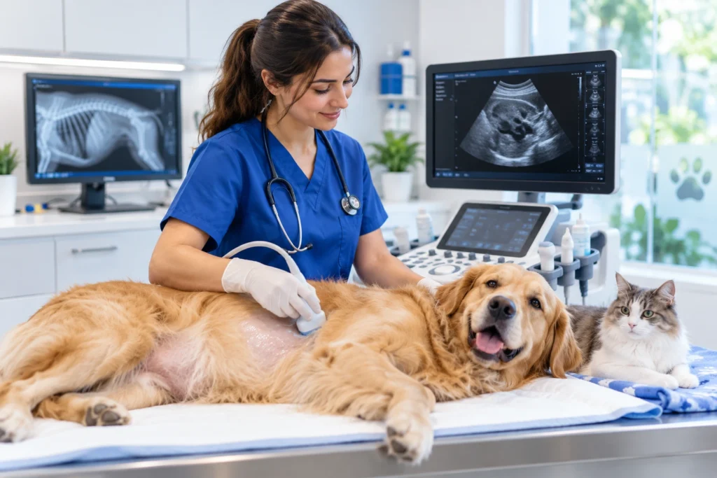 Veterinarian performing ultrasound with digital X-ray imaging for a dog and cat in JVC Dubai